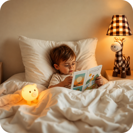 Child reading beside a glowing lamp
