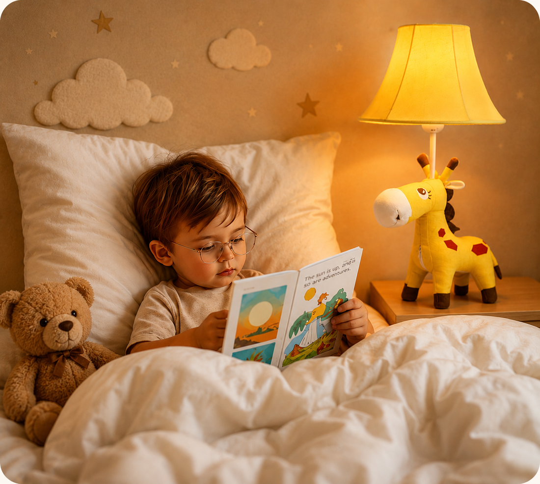 Child reading beside glowing lamps